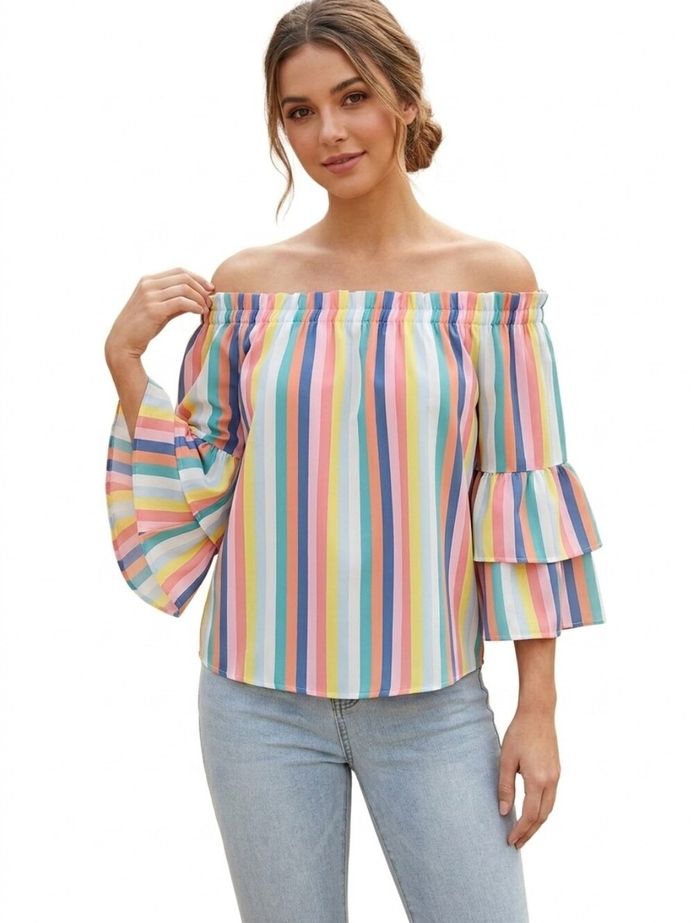 Sweet Pea Striped Off-Shoulder Ruffle Sleeve Top - Multicolor Size Small